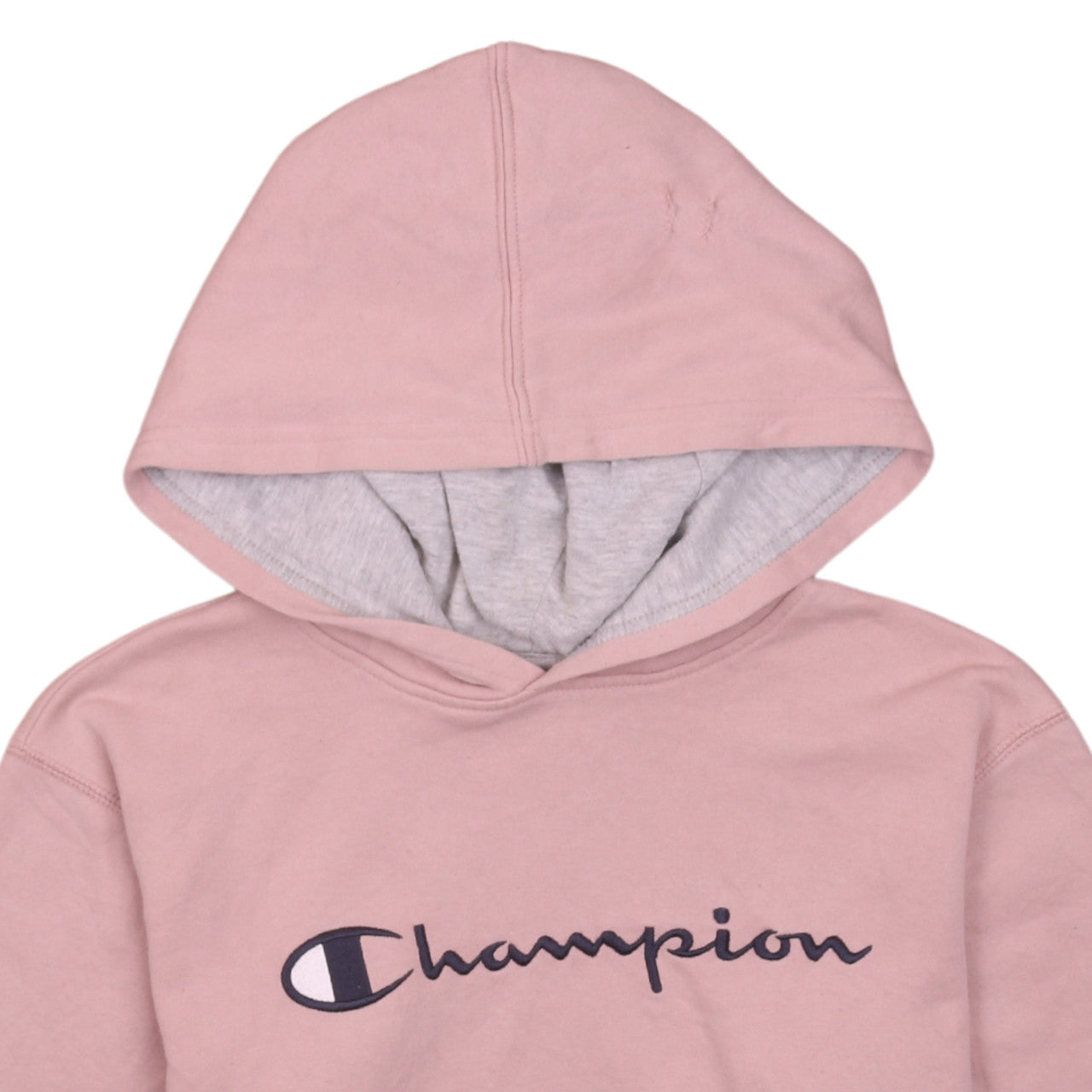 Brand and care label for Champion girls’ pink xl pullover hoodie with logo design