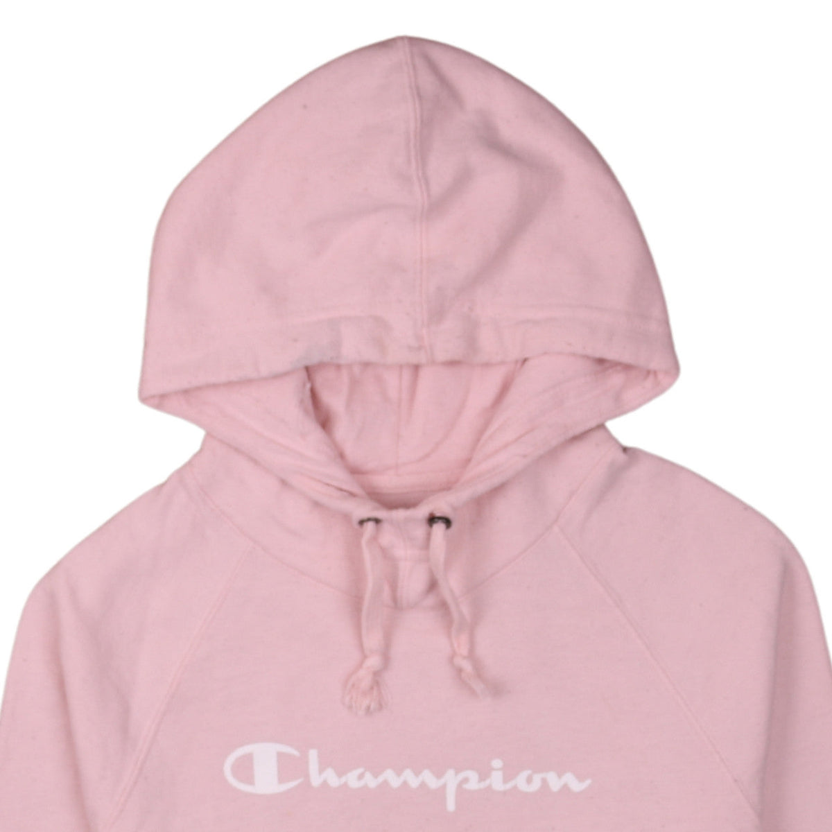 Brand and care label for Champion Women's Pink Pullover Hoodie Small Cotton Blend