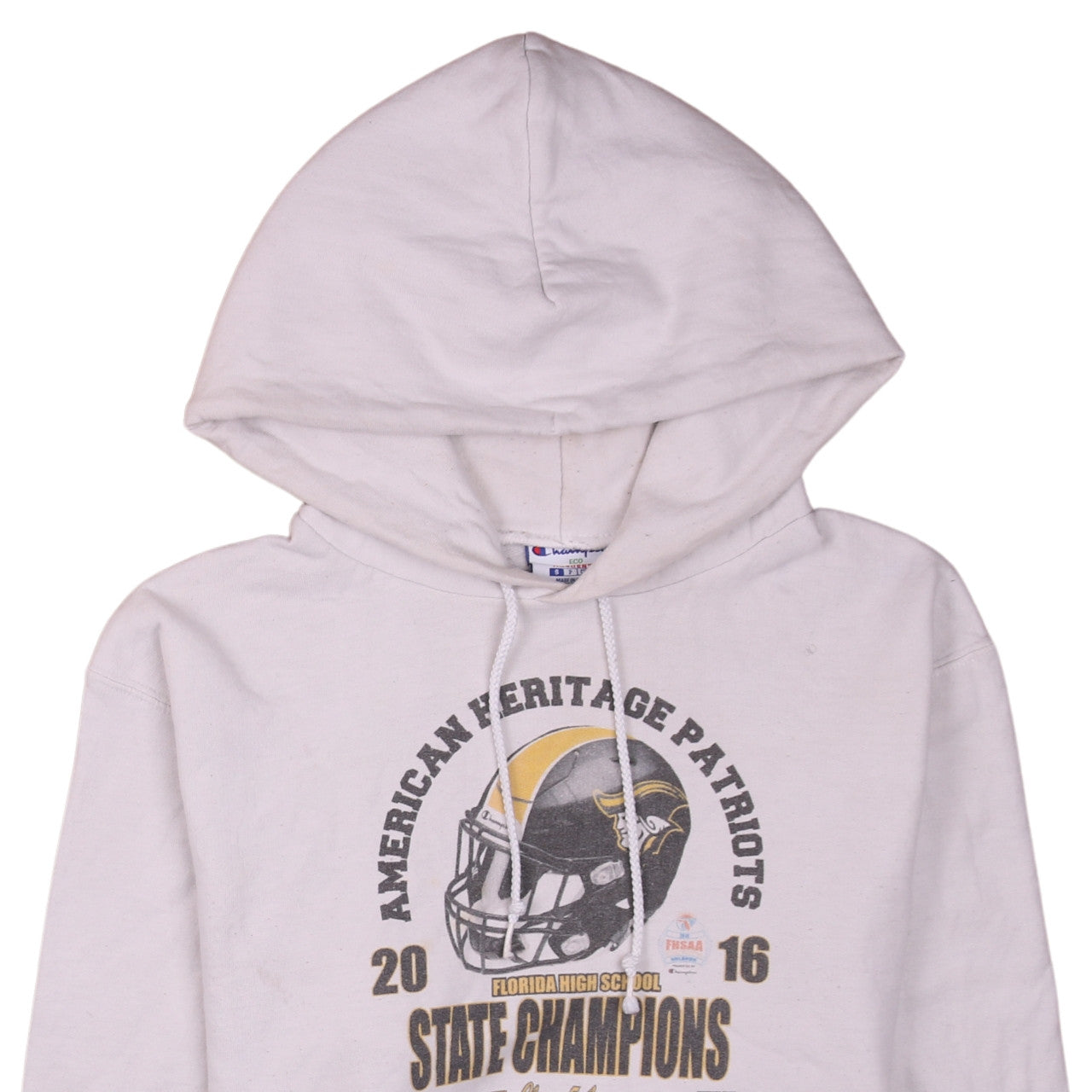 Brand and care label for Champion Men's White Pullover Hoodie Small American Heritage Patriots 2016