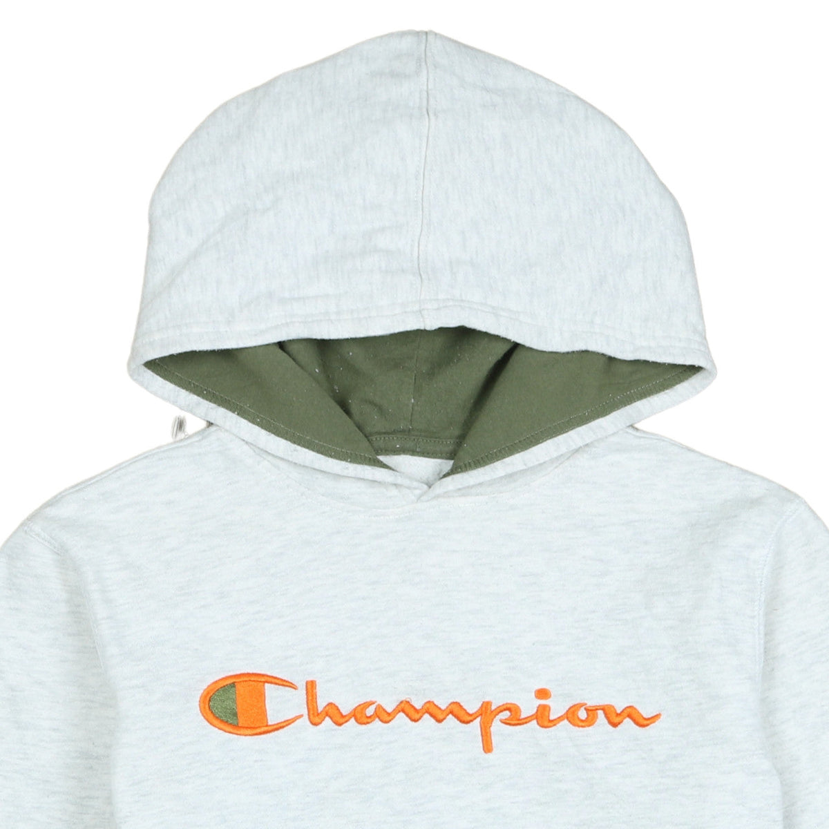 Brand and care label for Champion women’s grey pullover hoodie large embroidered logo sweatshirt