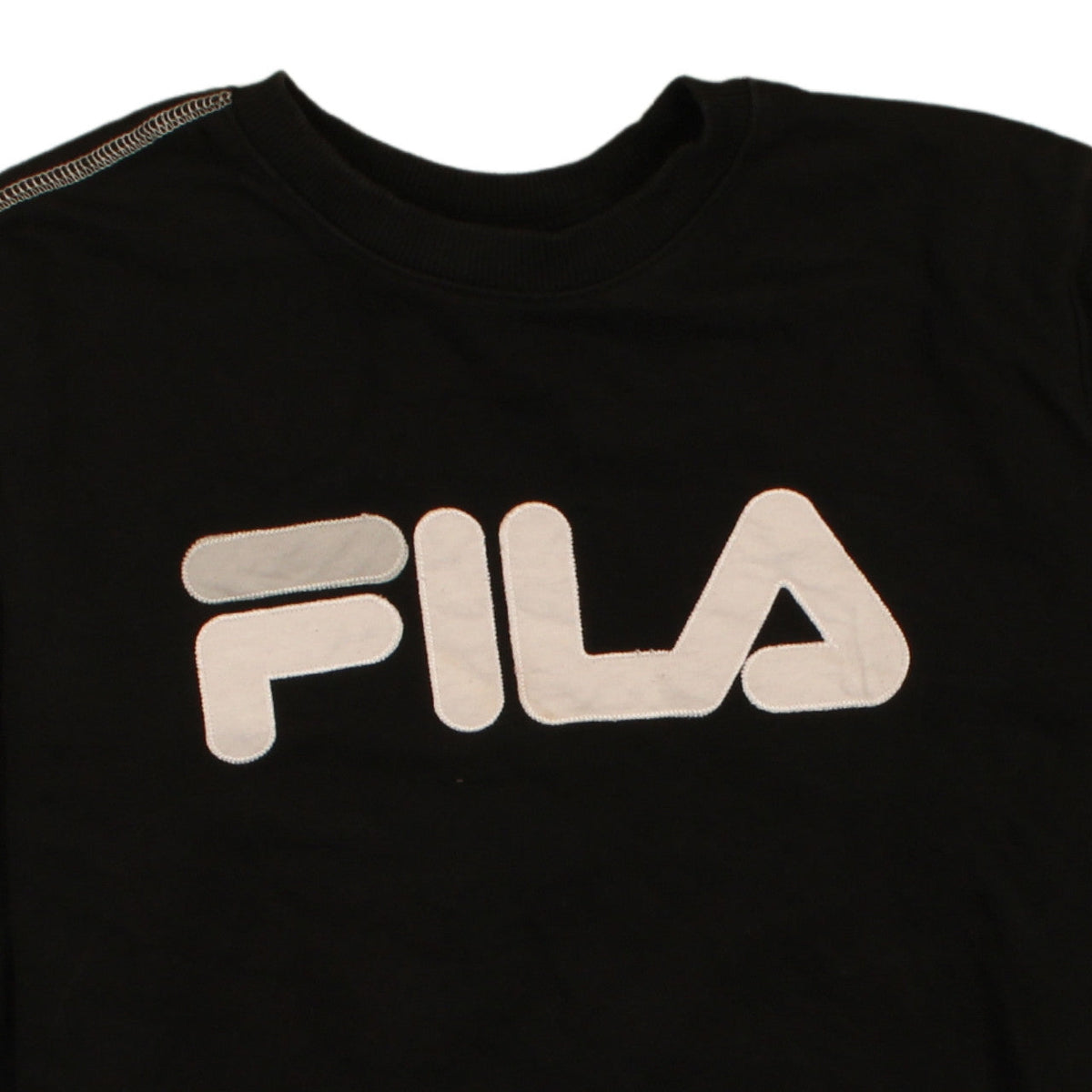 Brand and care label for Fila women’s black small crew neck pullover sweatshirt