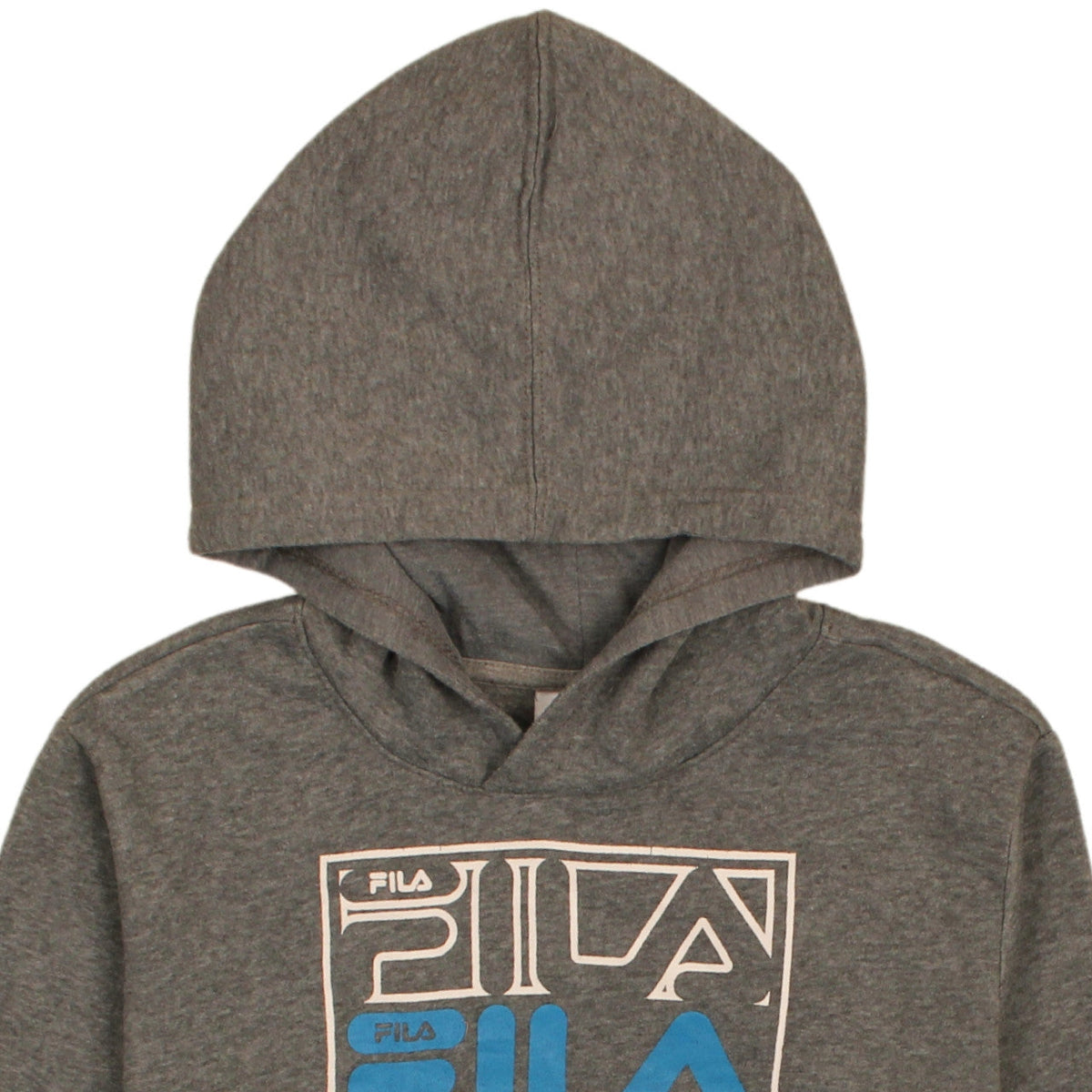Brand and care label for Fila boys’ grey & blue pullover hoodie, size 11-12, years graphic print