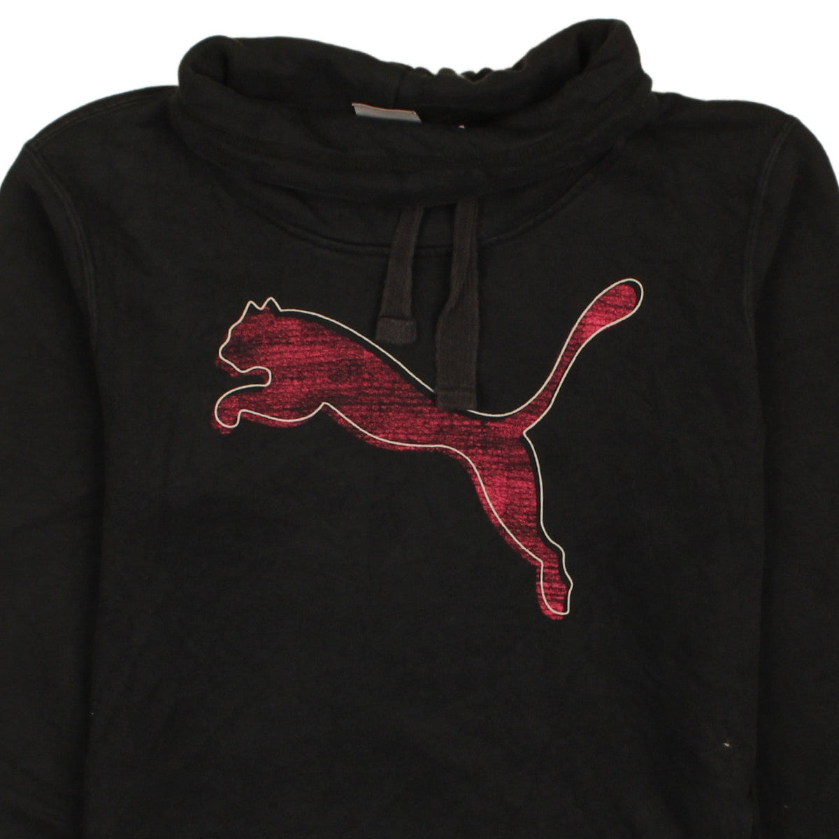 Brand and care label for Puma women’s black, size UK 12, pullover hoodie sweatshirt