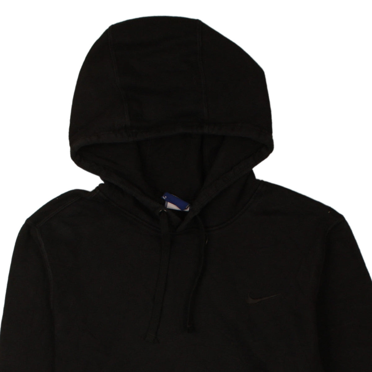 Brand and care label for Nike Men's Black Pullover Hoodie, size S, Fleece Logo Sweatshirt
