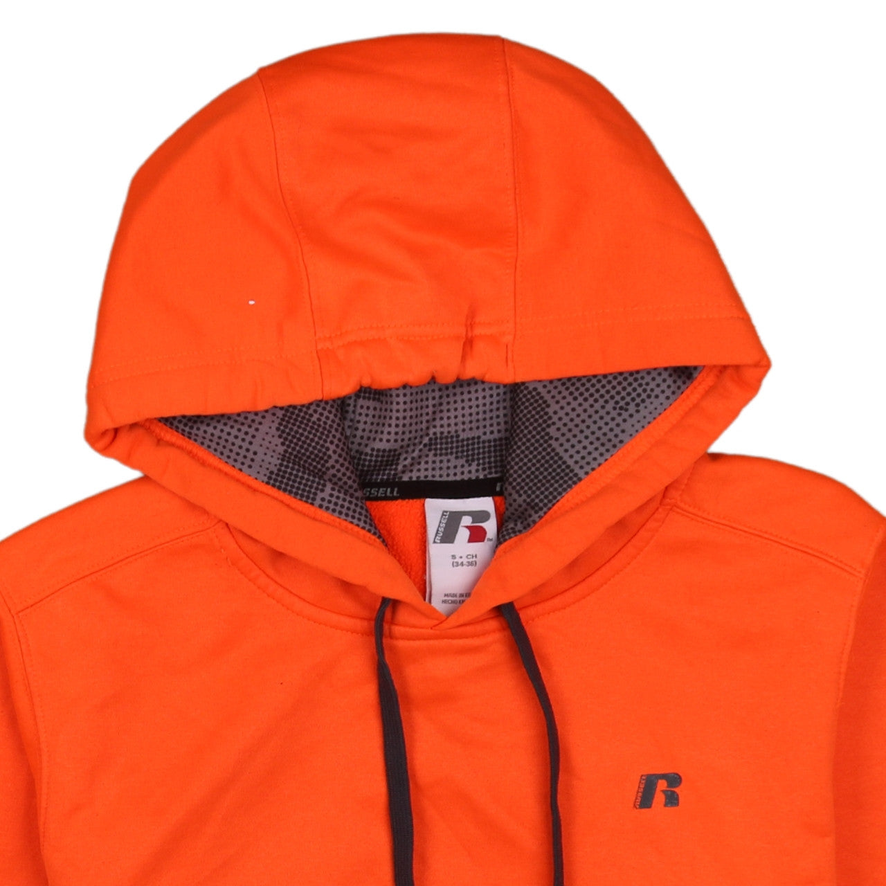 Brand and care label for Russell Men's Orange Pullover Hoodie Small Regular Fit Fleece