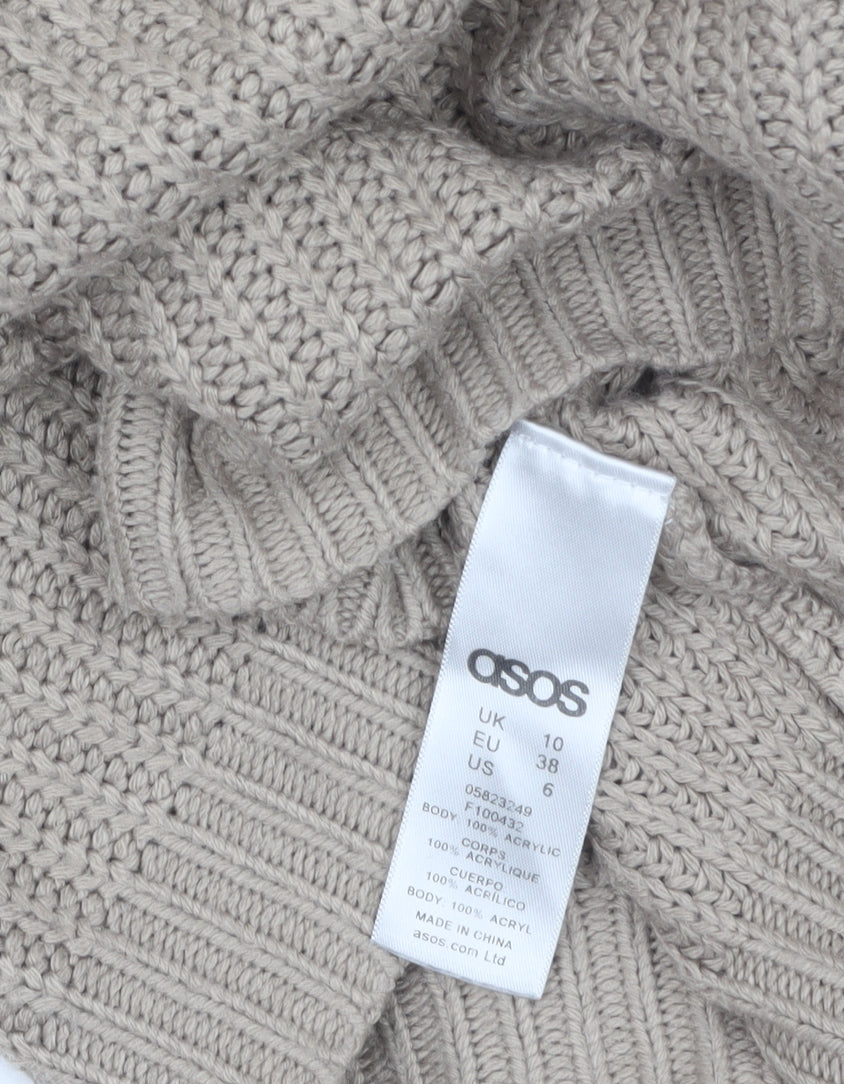 Brand and care label for ASOS Women’s Beige Jumper Dress, size UK 10, Long Sleeve Knitwear