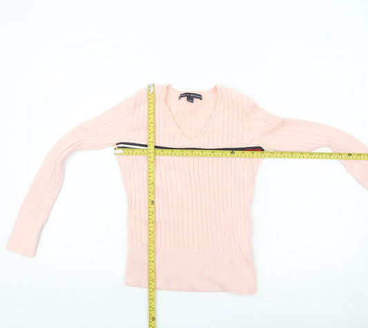Tommy Hilfiger Womens Pink Cotton V-Neck Ribbed Jumper XS