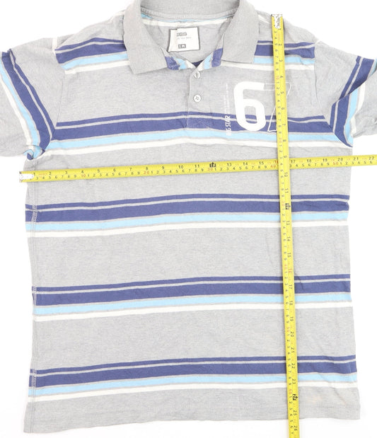 Dig Star Men's Grey Striped Cotton Polo Shirt Size M