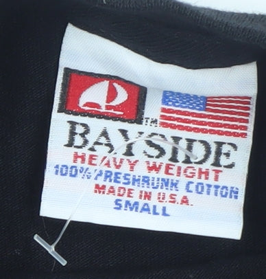 Brand and care label for Bayside Men's Black Small Grand Canyon Star Party Graphic Cotton T-Shirt
