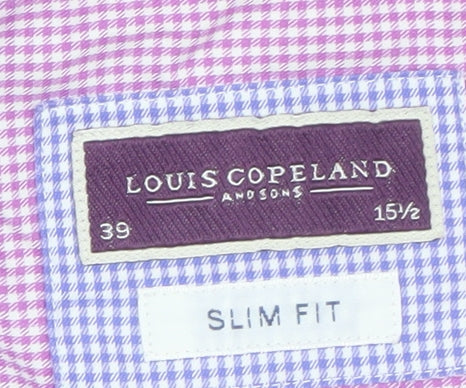 Brand and care label for Louis Copeland & Sons Men's Pink Check Slim Fit Dress Shirt 15.5 39
