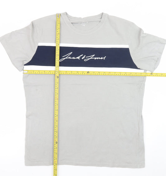 Jack & Jones Men's Grey Colourblock Logo Crew Neck T-Shirt XL