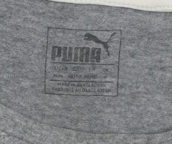 Brand and care label for Puma Men's Grey Graphic Logo T-Shirt, size M, Short Sleeve Sportswear