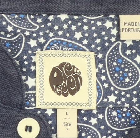 Pretty Green Men's Navy Short Sleeve Polo Shirt Size L Paisley Collar