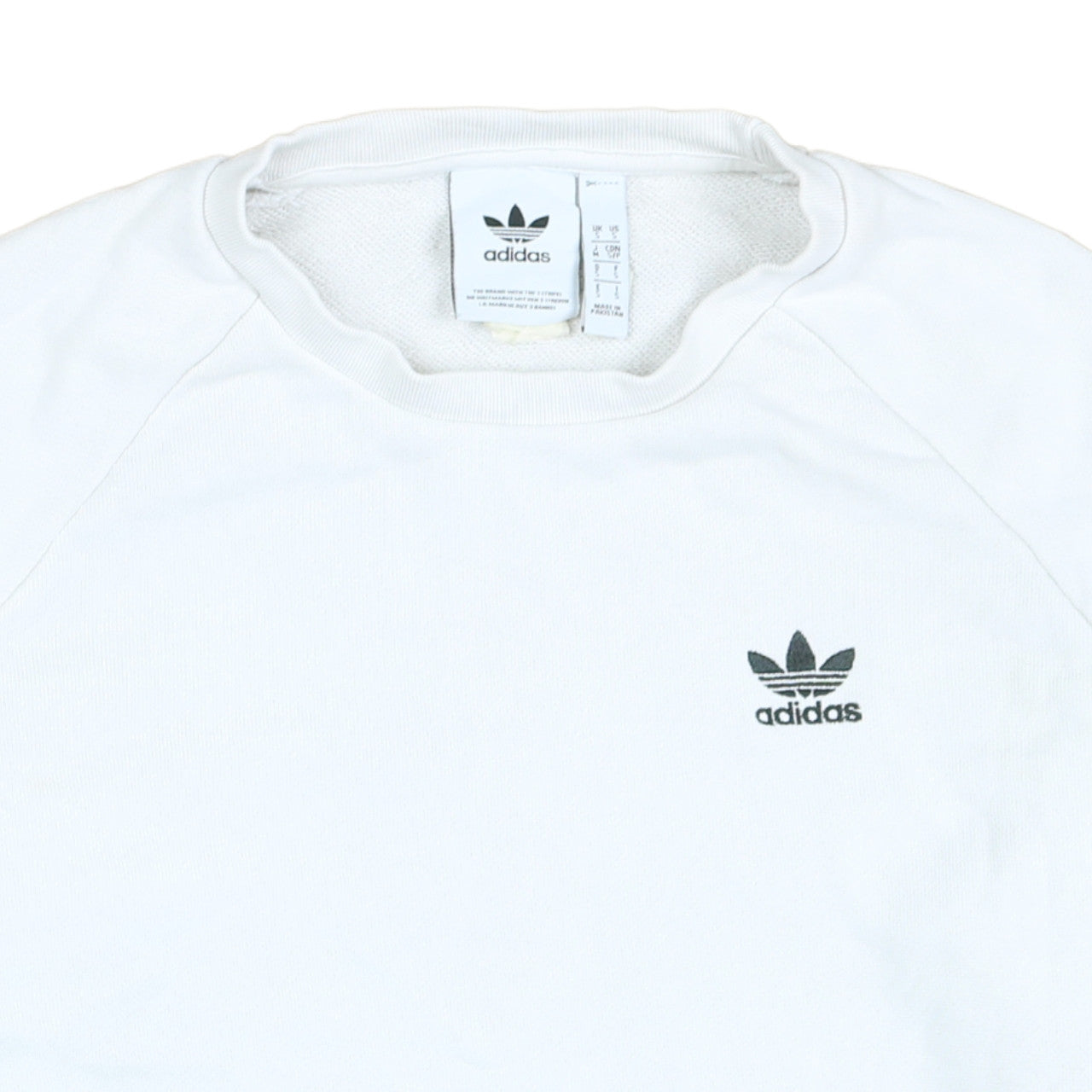 Brand and care label for Adidas Men's White Small Trefoil Logo Pullover Sweatshirt