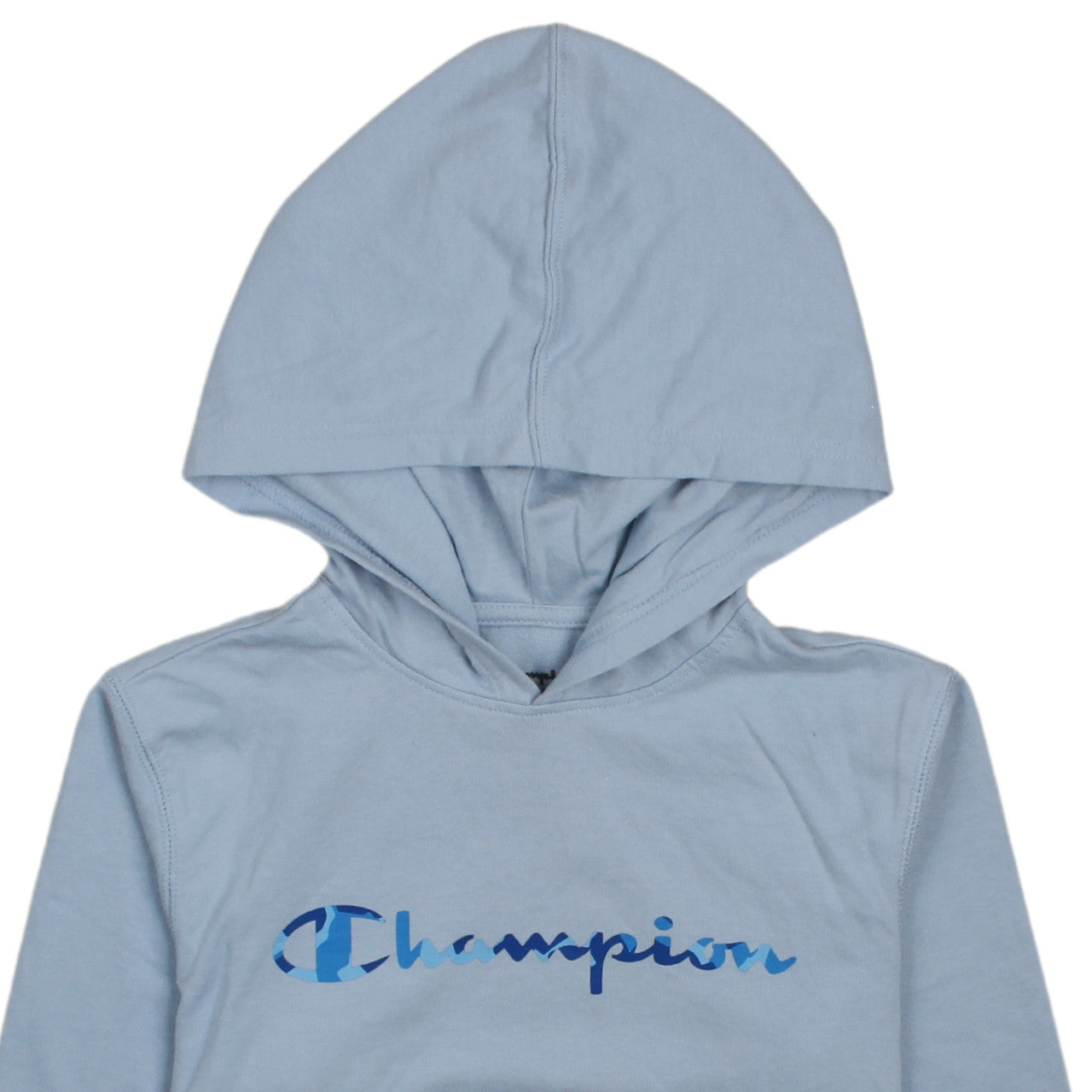 Brand and care label for Champion Women’s Blue Pullover Hoodie, size L, Cotton Logo Athleticwear