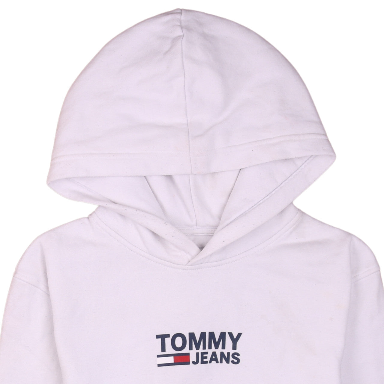 Brand and care label for Tommy Jeans Men's White Pullover Hoodie M Logo Cotton Sweatshirt