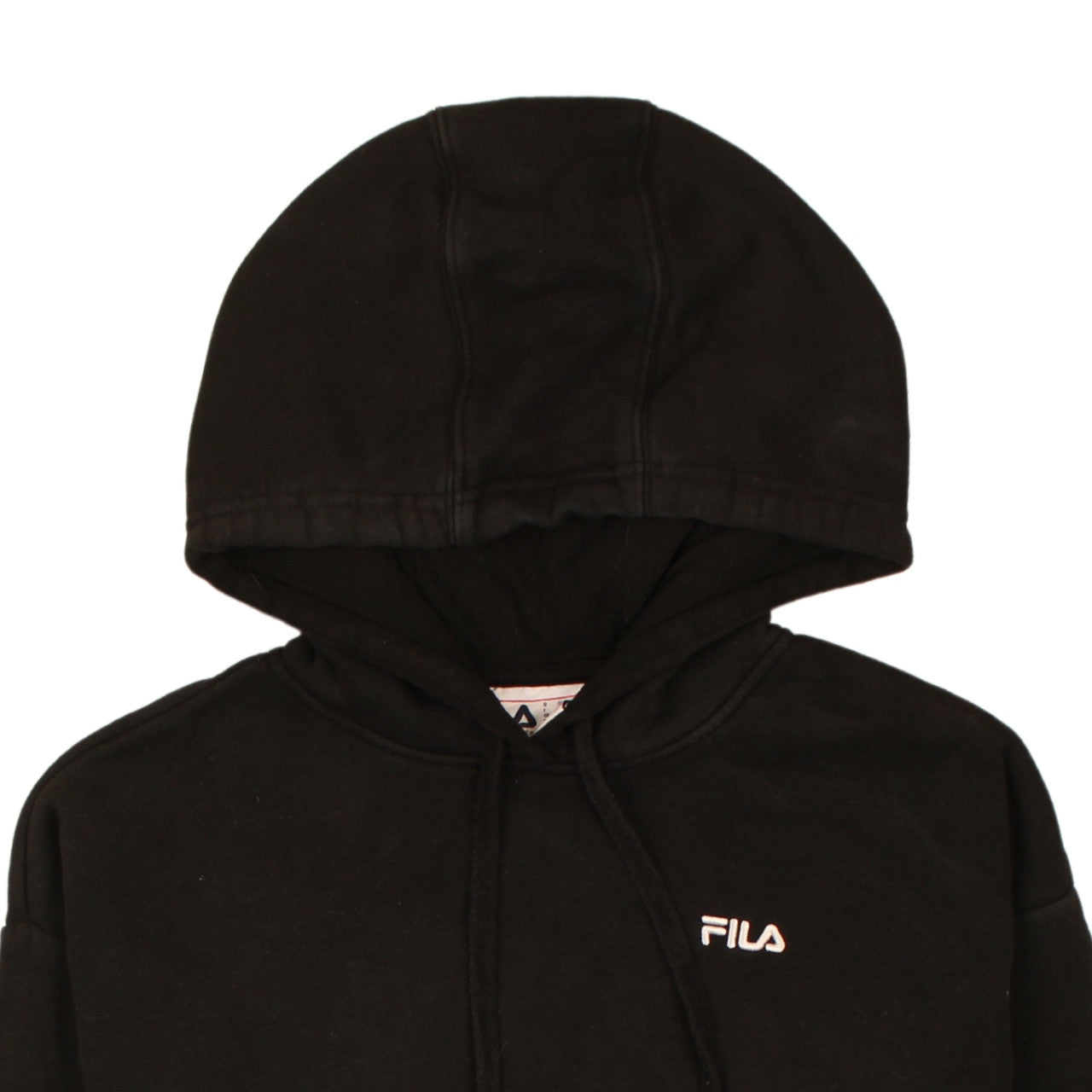 Brand and care label for Fila Men's Black Pullover Hoodie Small Regular Fit