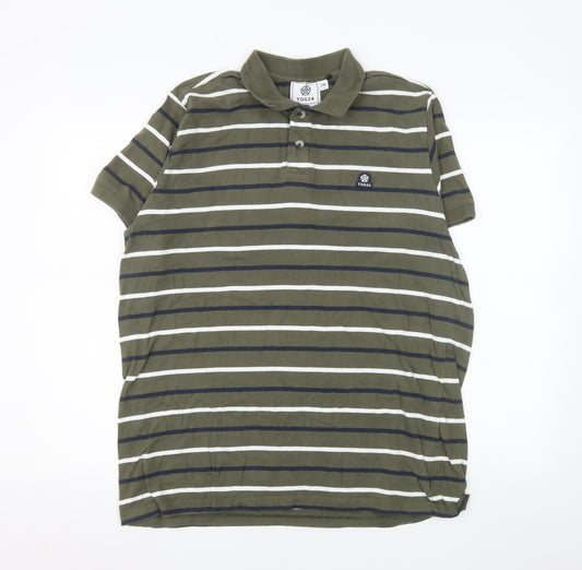 TOG24 Men's Green Striped Cotton Short Sleeve Polo Shirt 2XL