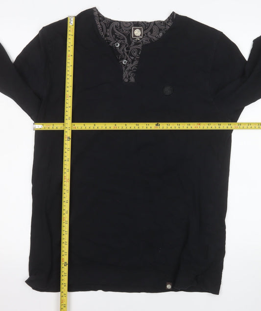 Pretty Green Men's Black Cotton Long Sleeve Henley Shirt M