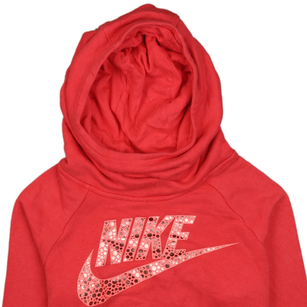 Brand and care label for Nike women’s red long sleeve pullover hoodie xl rhinestone logo