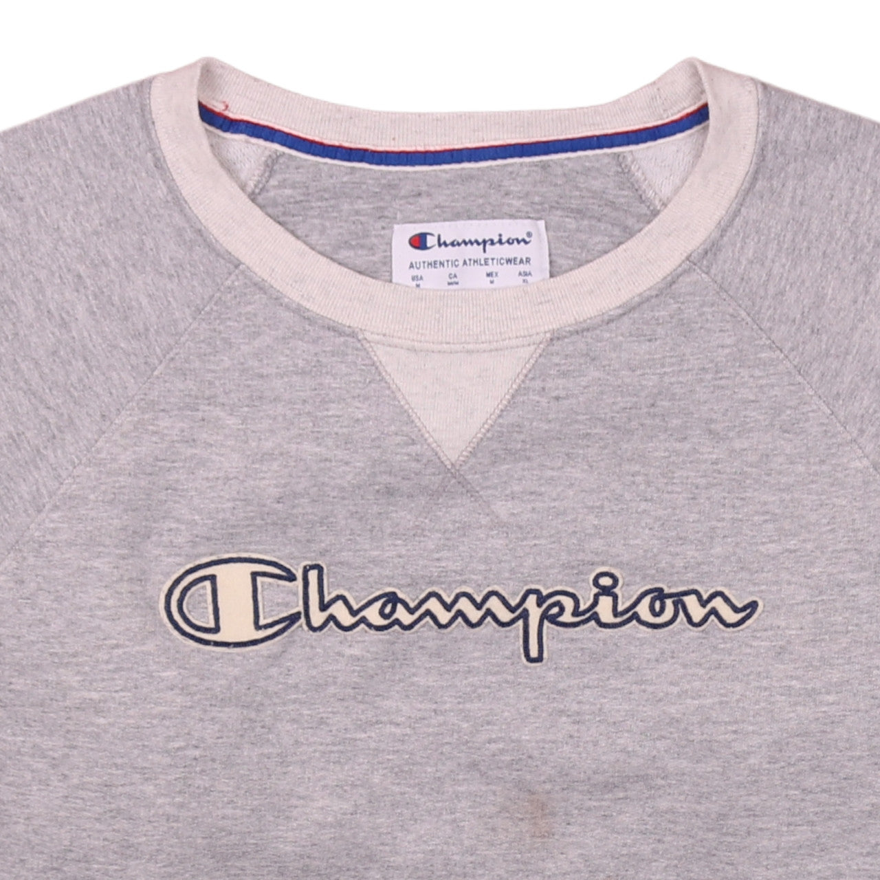 Brand and care label for Champion Men's Grey Pullover Sweatshirt M Logo Athletic
