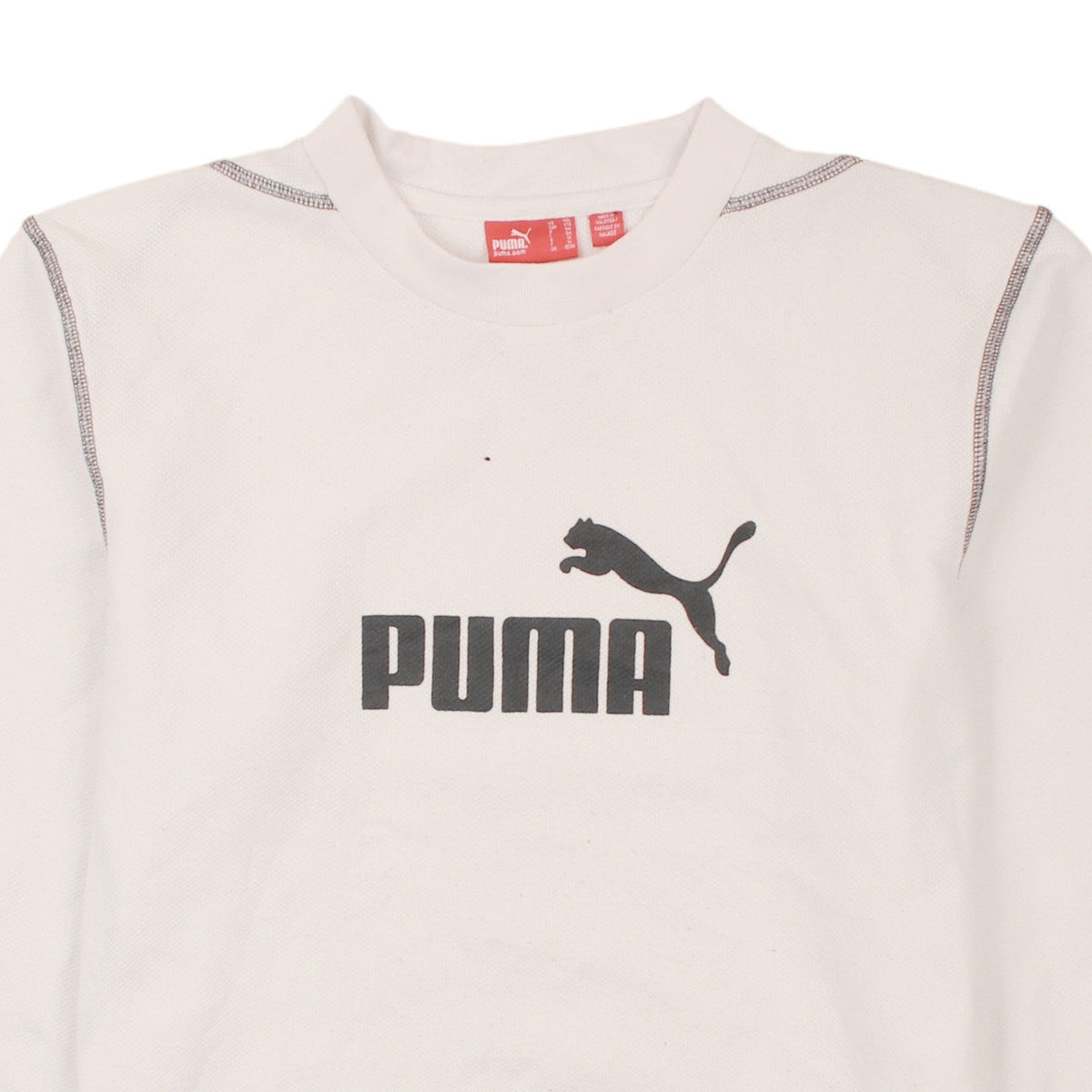 Brand and care label for Puma women’s white crew neck pullover sweatshirt, size UK 14, uk