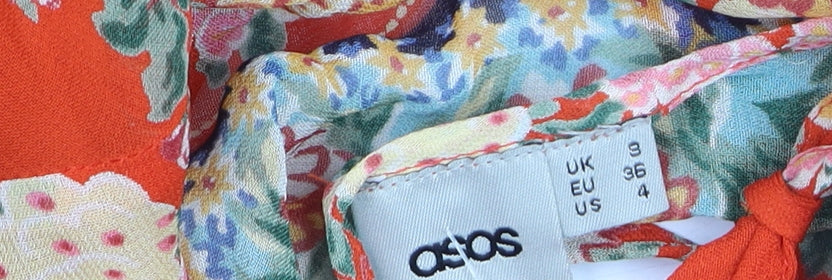 Brand and care label for ASOS Women’s Orange Floral Bohemian Knee Length Chiffon Dress, size UK 8