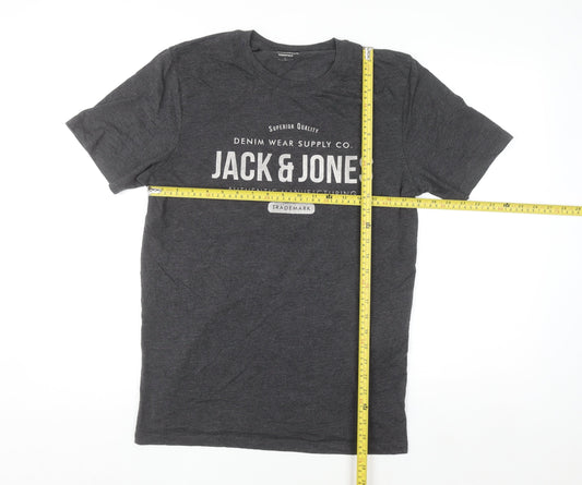 Jack & Jones Men's Charcoal Grey Graphic Print T-Shirt Size L