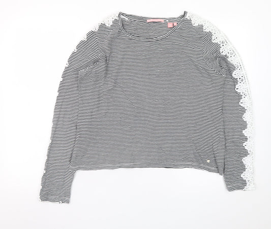 Superdry Womens Black Striped Lace Long Sleeve Cotton T-Shirt Size 14