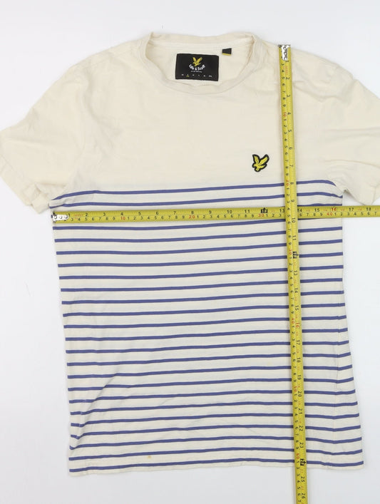 Lyle & Scott Men's Beige Blue Striped Cotton Crew Neck T-Shirt Size M