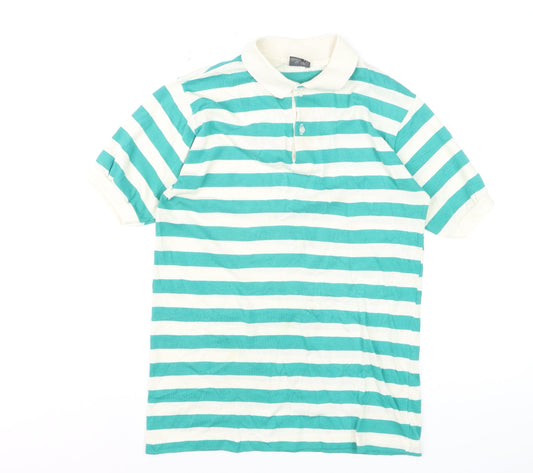 Tour de France Men's Green Striped Cotton Short Sleeve Polo Shirt M