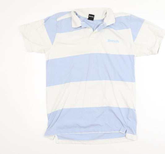 Bench Men's Blue White Striped Polo Shirt Size L Cotton Regular Fit