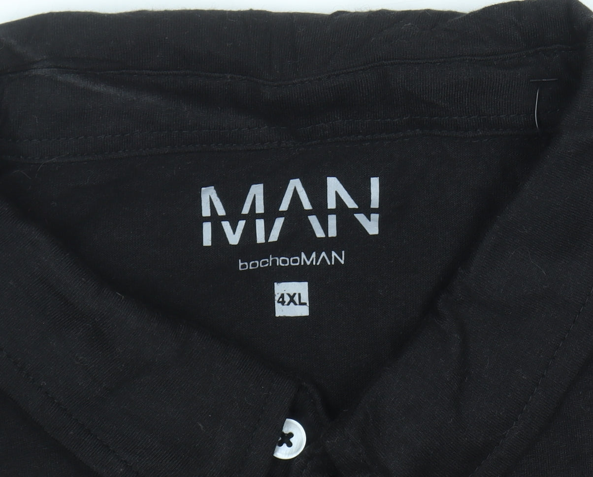 boohooMAN Men's Black Short Sleeve Button-Down Linen Blend Polo Shirt 4XL