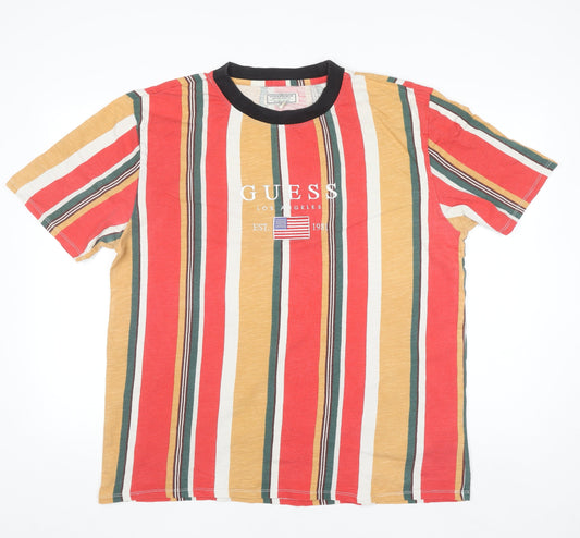 Guess Men's Multicoloured Striped Crew Neck Cotton T-Shirt Size L