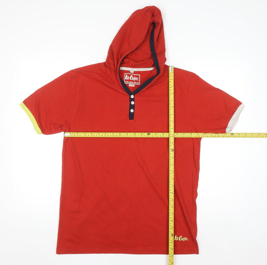 Lee Cooper Men's Red Hooded Henley Short Sleeve Casual Top Size M