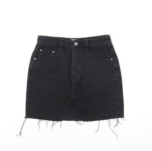 Pull & Bear Women’s Black Denim Mini Skirt Size S High Rise Frayed Hem