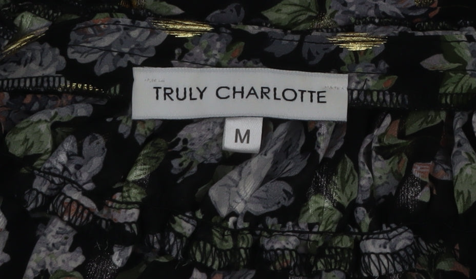 Truly Charlotte Women's Black Floral Ruffle Neck Long Sleeve Blouse Size M
