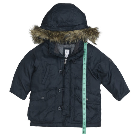 GAP Boys Black 2 Years Hooded Down Winter Parka Coat with Faux Fur Trim