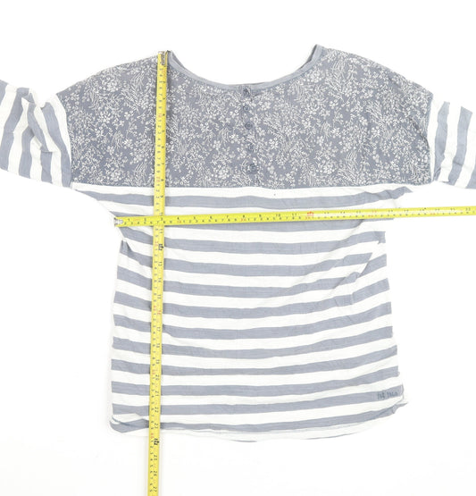 Fat Face Women's Grey White Striped Floral 3/4 Sleeve Cotton Top Size 12