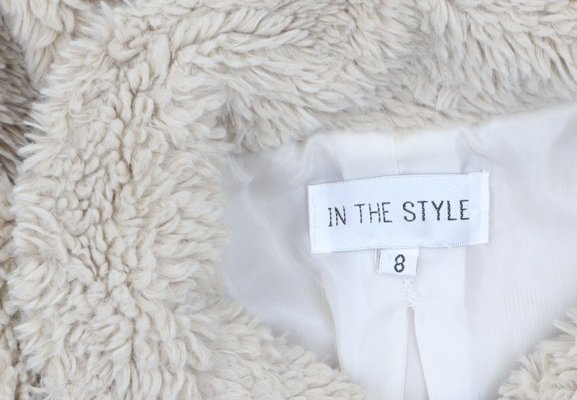 In The Style Women’s Beige Faux Fur Cropped Bomber Jacket Size 8
