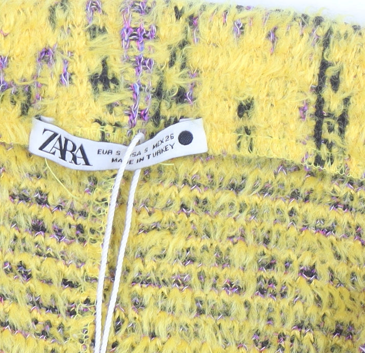 Zara Women Yellow Tweed Check Short Skirt Size S
