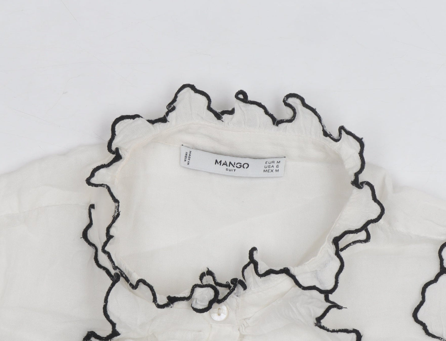 Mango Women's White Ruffle Long Sleeve Blouse Size 12