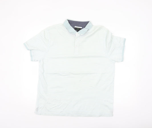 Jasper Conran Men's Blue Striped Button-Down Cotton Polo Shirt L
