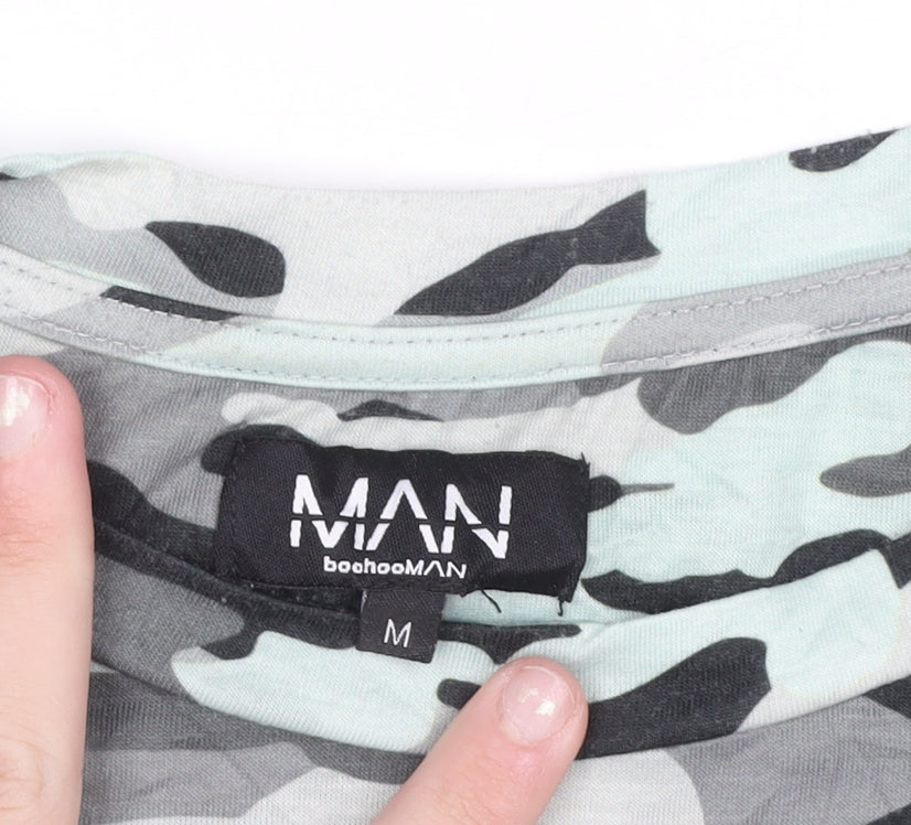 boohooMAN Men's Grey Camouflage Short Sleeve Crew Neck T-Shirt M