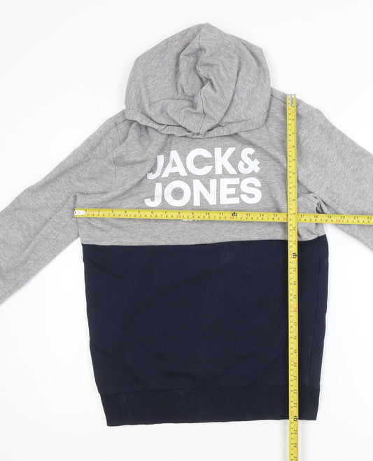 Jack & Jones Mens Grey Blue Pullover Hoodie Size M Logo Print