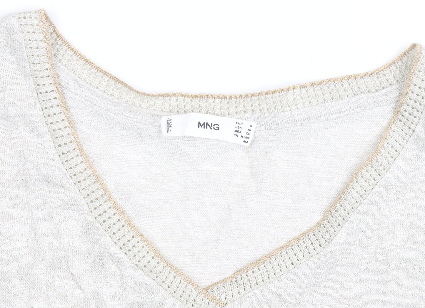MNG Women's Beige V-Neck Short Sleeve Basic T-Shirt Size 8