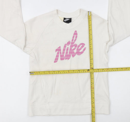 Nike Girls Ivory Pink Graphic Print Crew Neck Pullover Sweatshirt L 146-156cm