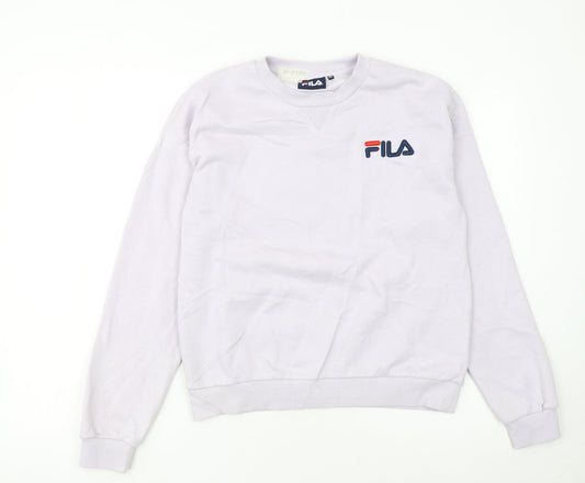 FILA Women White XS Pullover Sweatshirt Cotton Blend Logo Crew Neck