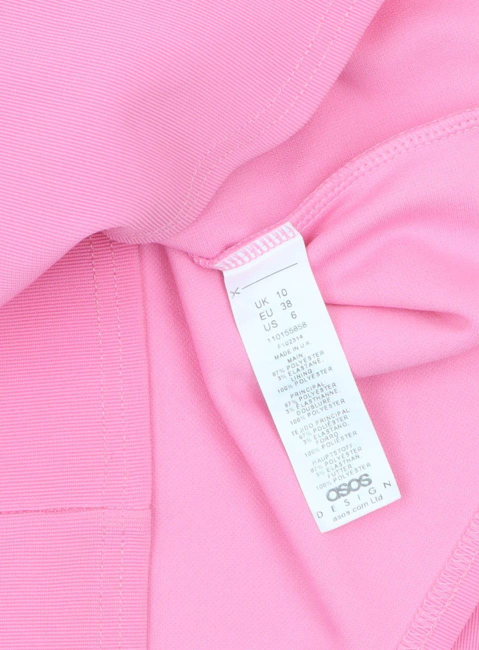 Brand and care label for ASOS Women’s Pink Bodycon Mini Dress, size UK 10, Long Sleeve V-Neck
