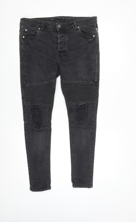 Brave Soul Men's Black Distressed Skinny Jeans 32R with Zip Detail
